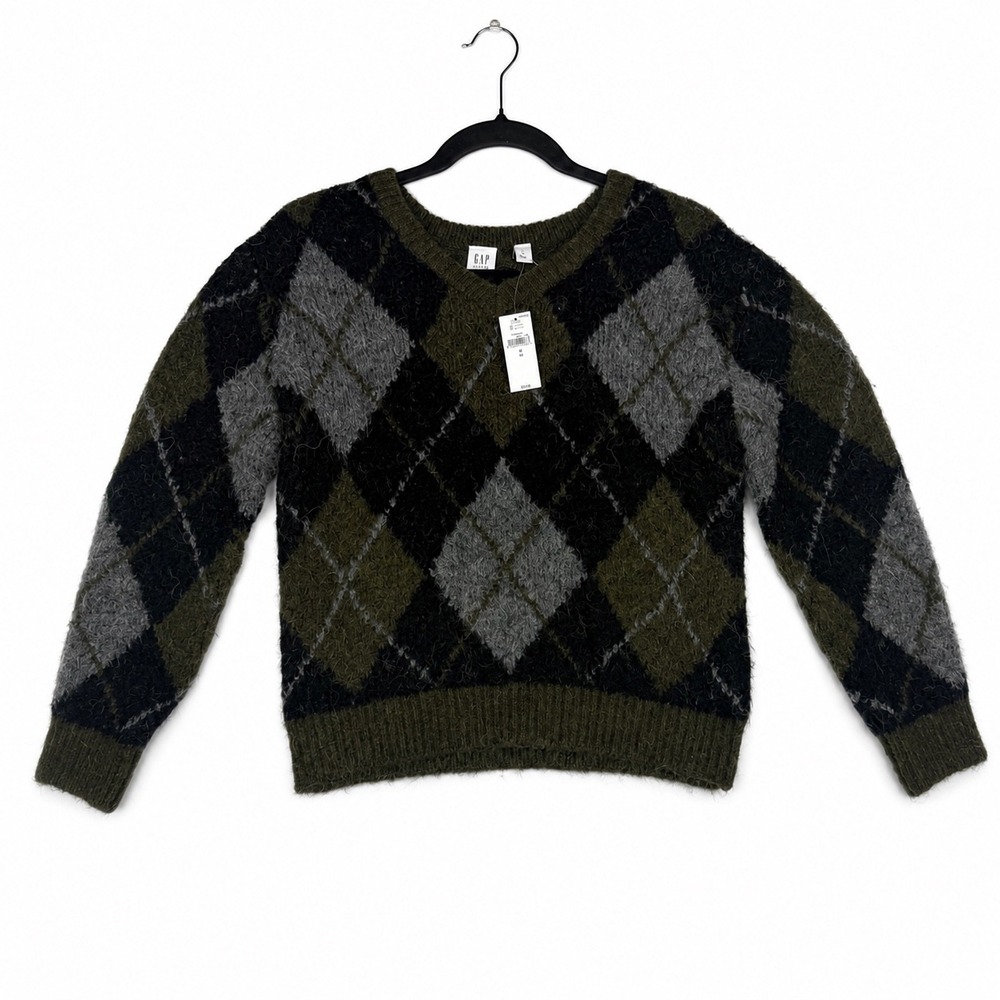 Gap Womens Argyle V-Neck Fuzzy Knit Sweater Olive Green Black Grey 604697-00-1 M